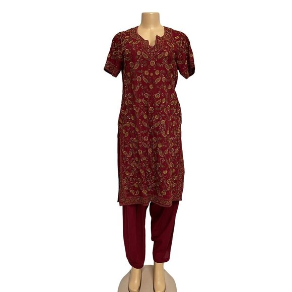 Unbranded Dresses & Skirts - Indian Red Floral Embroidered Short Sleeve Kurta Dress and Pants 2 Piece Set